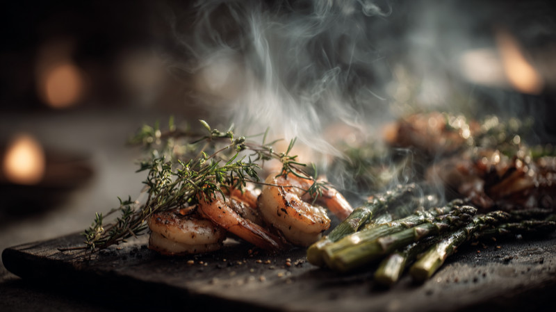 Garnelen und grüner Spargel auf einer Grillplatte über offenem Feuer